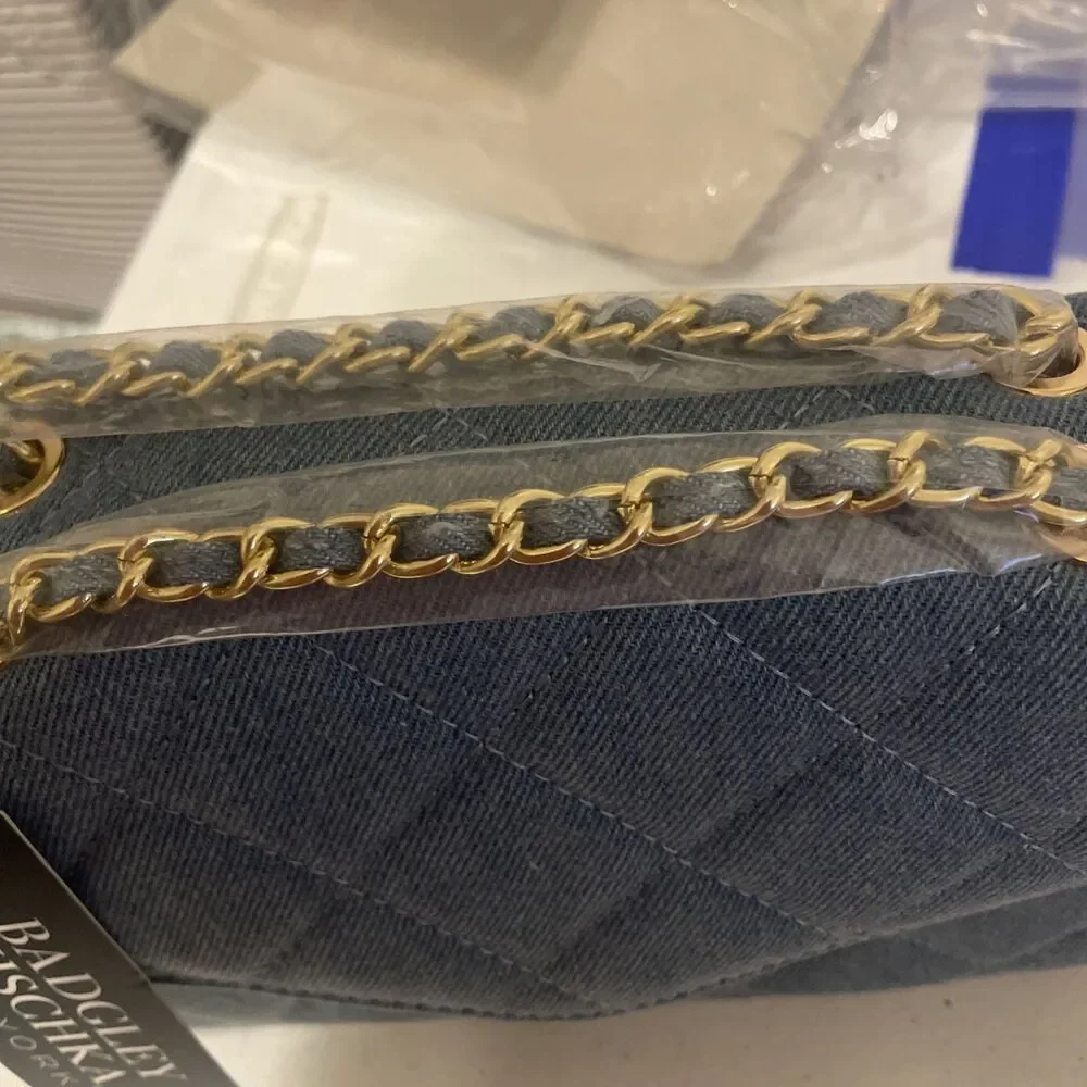 Badgley Mischka Quilted Blue Denim Crossbody Hand Bag Purse Gold Chain
